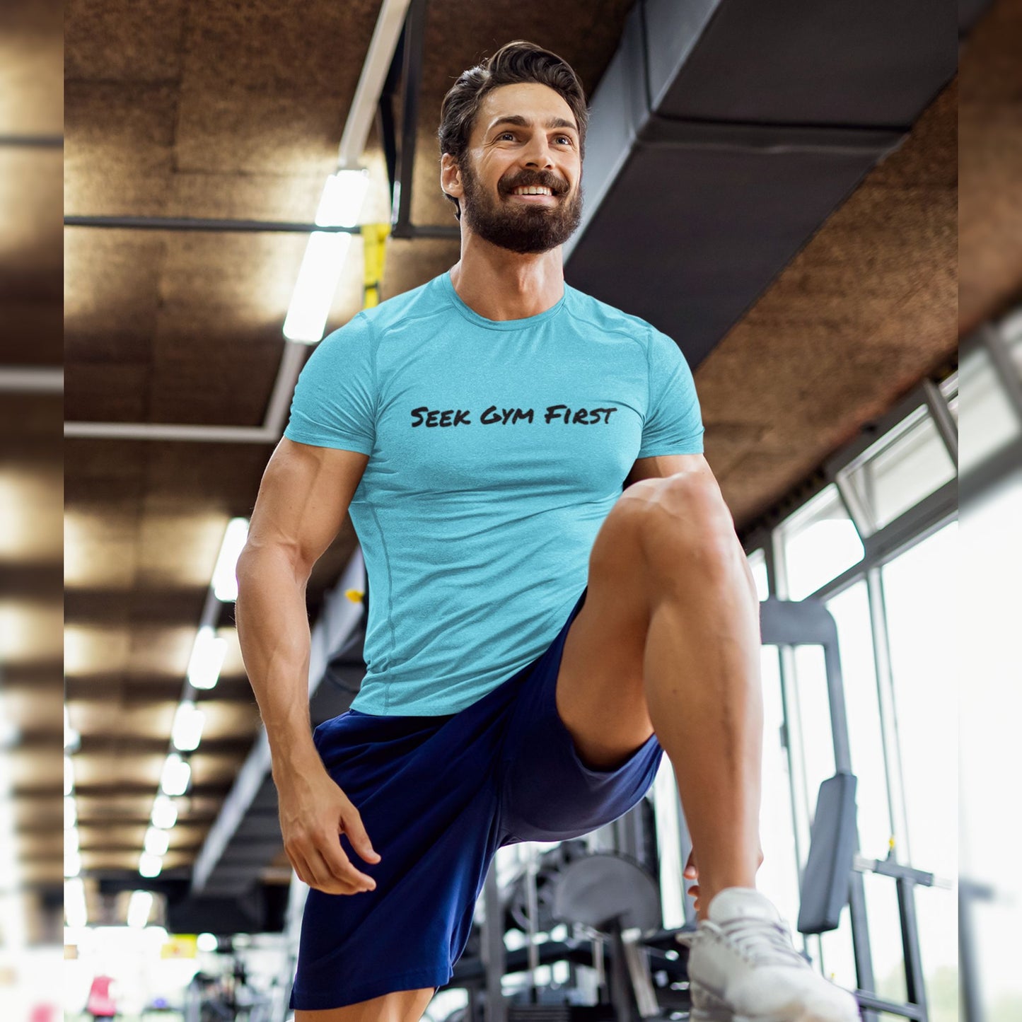 'Seek Gym First' Gym Motivation Turquoise Tee | Sweat Success shop