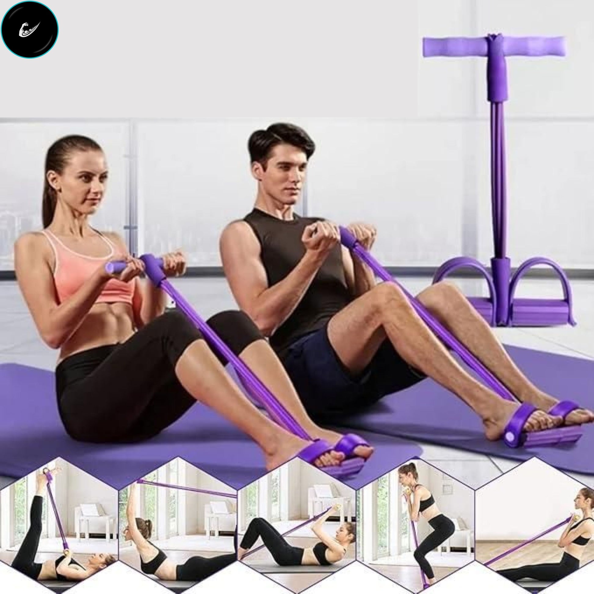 4-in-1 Puller Pedal Ankle Abdominal Exerciser Tension Band purple male female models