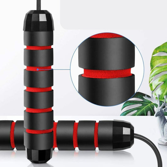 Adjustable Tangle Free Speed Jump Rope with Memory Foam Handles Black on Red monstera background