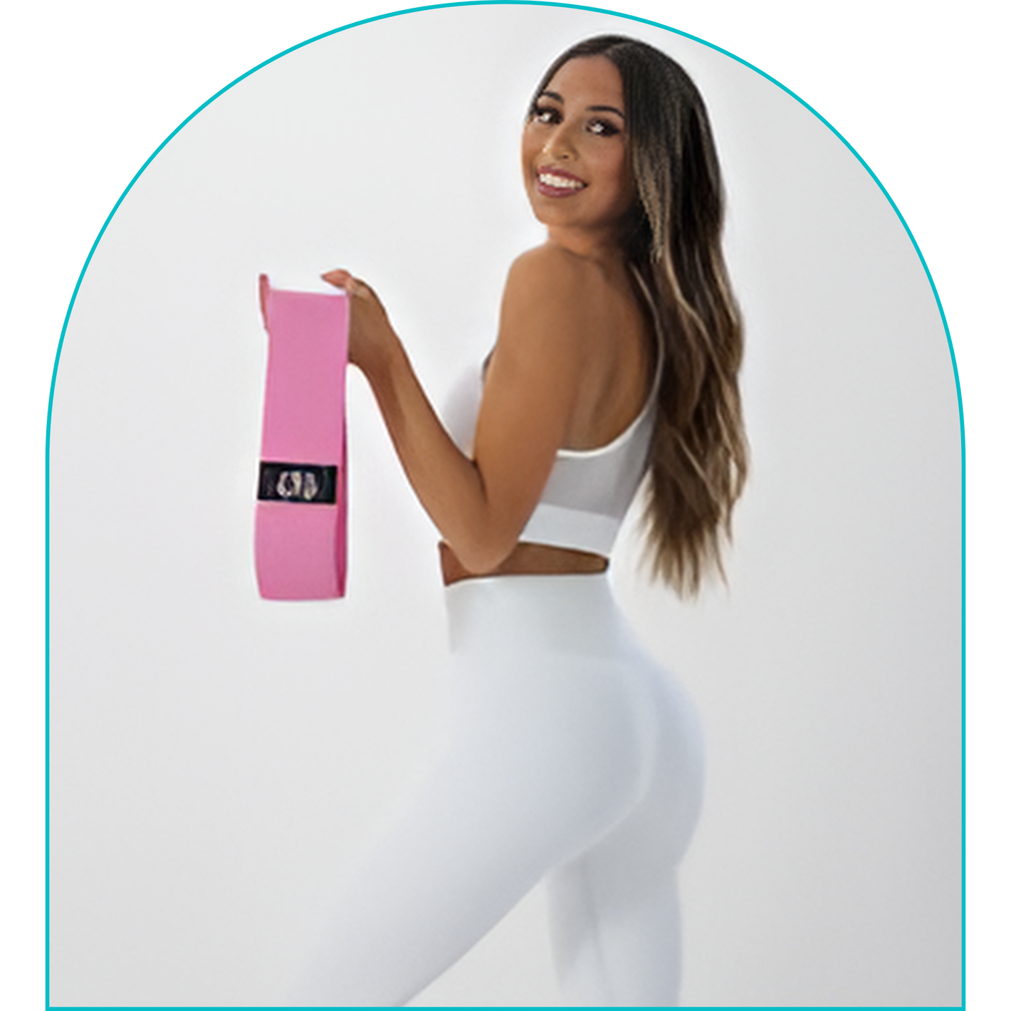 Fitness Booty Shaper Resistance Bands Customer Testimonials Brunette Female fitness model holding Pink Resistance band