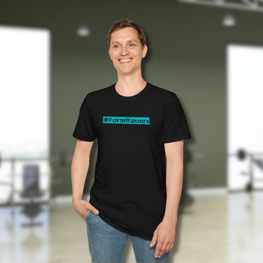 #FormMatters Men's Softstyle Gym Black Tee Front Male model
