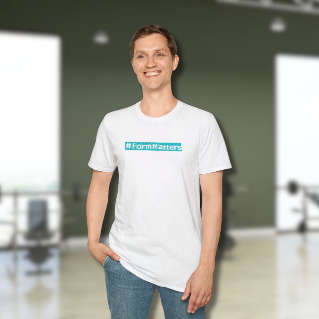 #FormMatters Men's Softstyle Gym White Tee Front Male model
