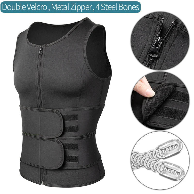 Men's Shapewear Sauna Vest Black 4 Steel Bones