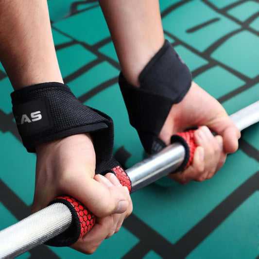 MKAS Weight Lifting Wrist Straps Black and Red Barbell
