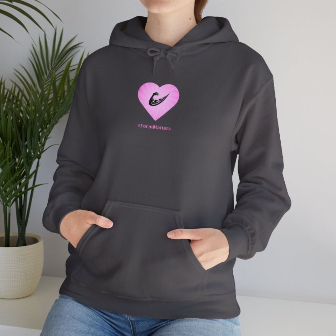 Women's Cozy Pink Heart-Shaped Flex Swoosh Charcoal Hoodie Female Model Front